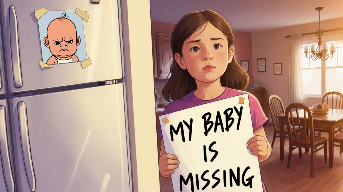 Young girl Karise holding a My Baby is Missing poster with a frowning baby doll drawing on the refrigerator in the kitchen