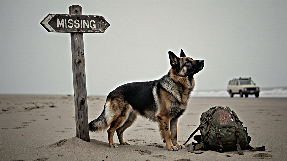 German Shepherd stands alone on a sandy beach with a worn wooden signpost and abandoned backpack near the missing hiker trail