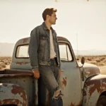Man stands beside weathered pickup truck with peeling Lost sign and yellowed newspaper clipping on dusty California road