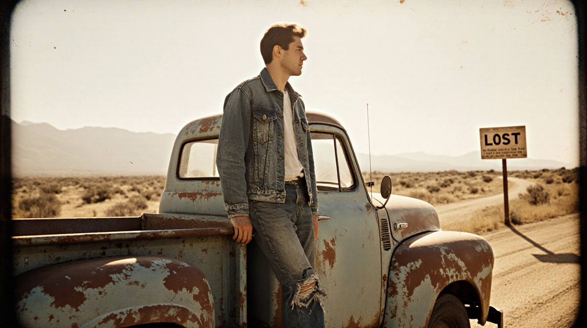 Man stands beside weathered pickup truck with peeling Lost sign and yellowed newspaper clipping on dusty California road