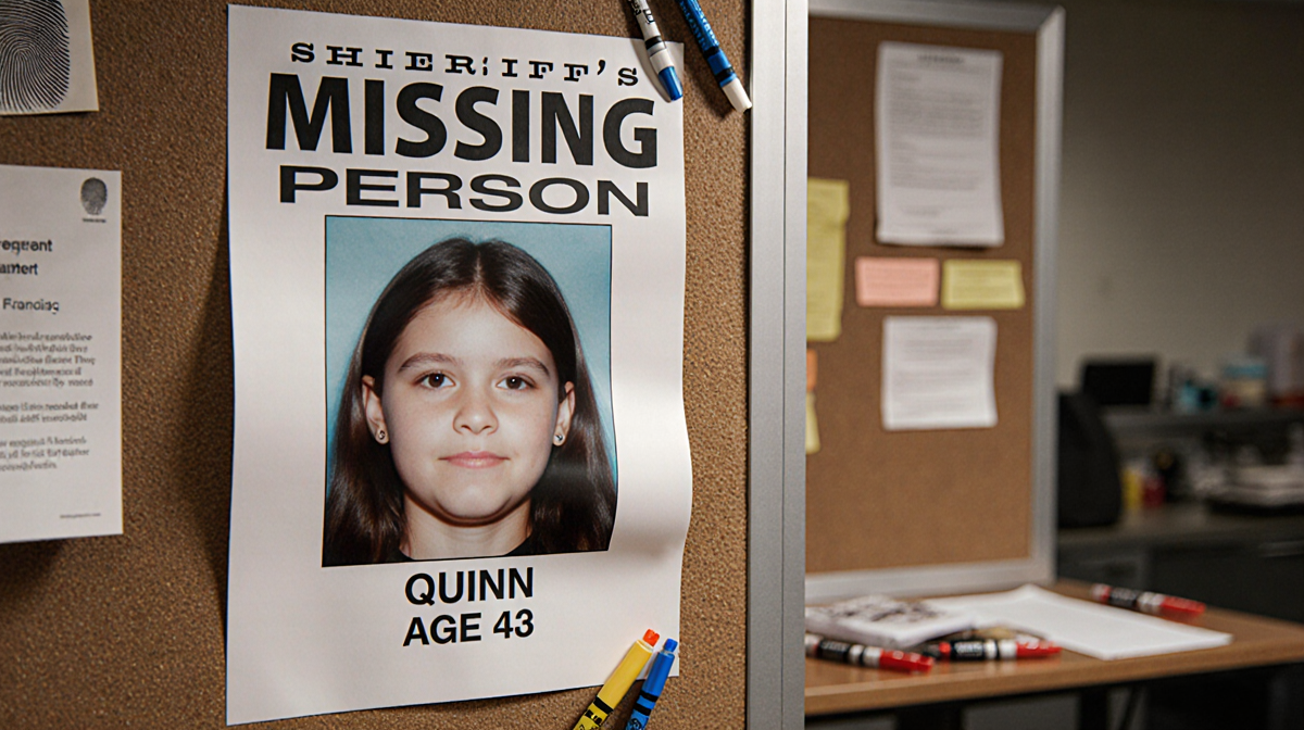 Bulletin board displaying missing person poster with Quinn's face age 43 and evidence markers around.