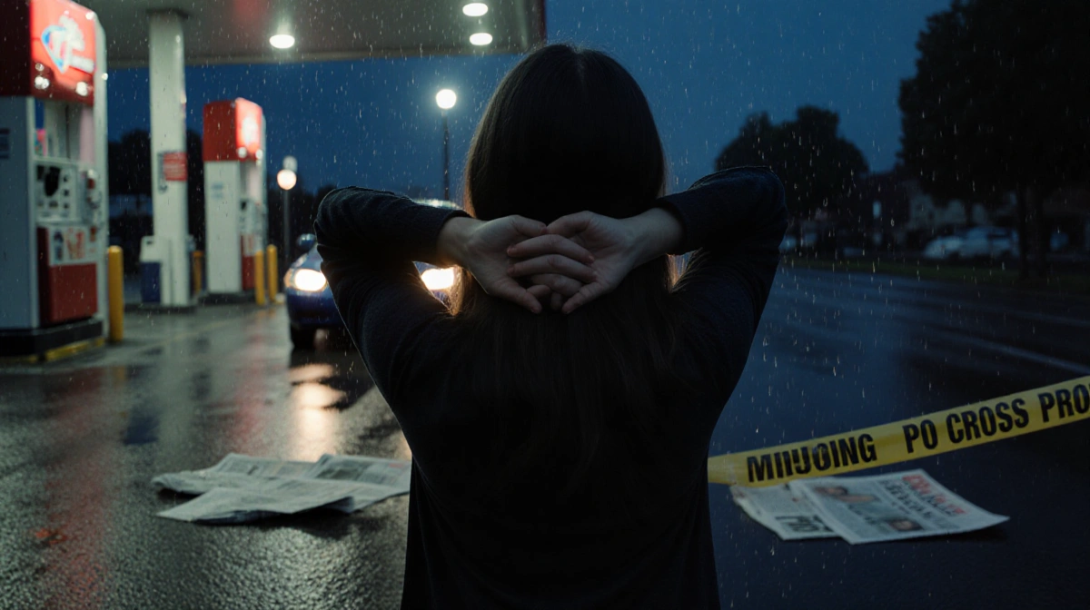Missing teenage girl stands with hands behind neck at rainy gas station with dark sedan headlights glowing on wet pavement