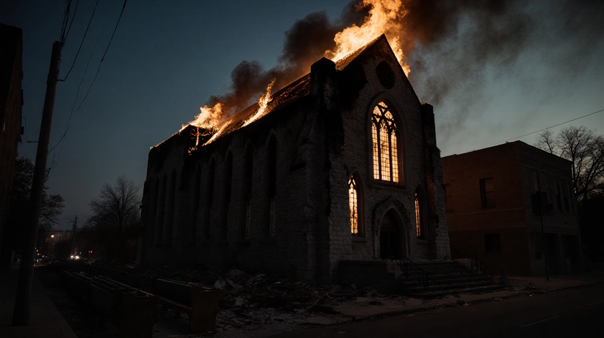 Mississippi synagogue burning with flames engulfing the roof and shattered stained glass scattered across the ground
