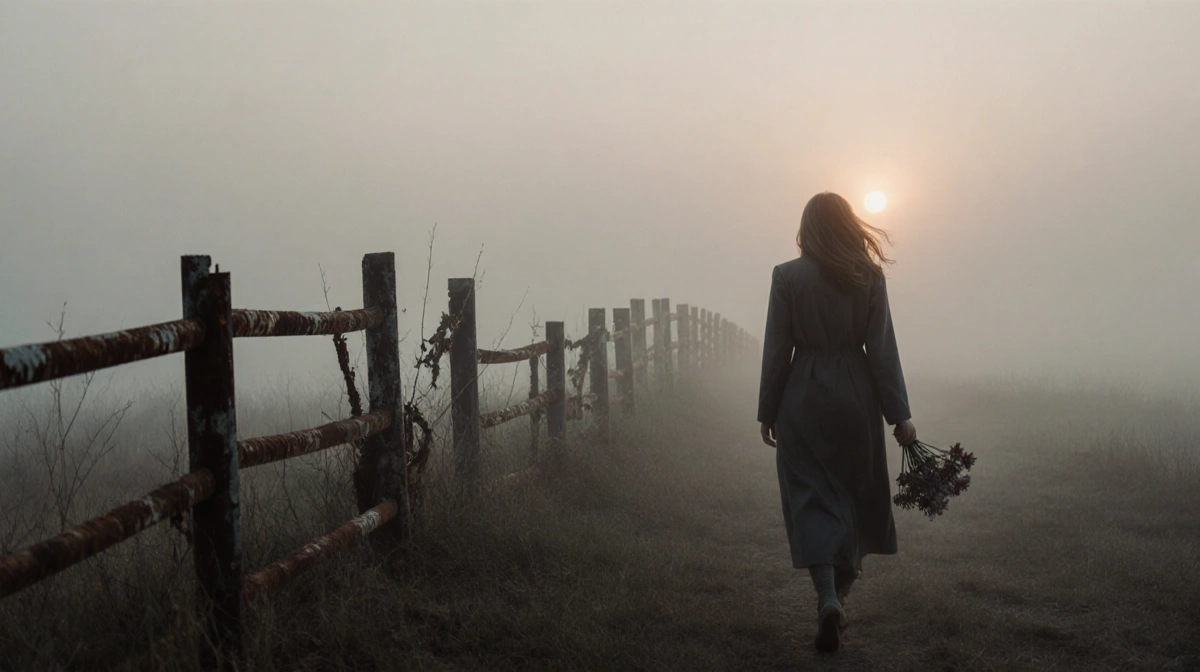 Katie Bates walking alone in morning fog with wilting flowers in hand and broken fence revealed in distance.