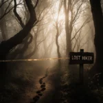 Misty forest with twisted trees and golden light filtering through canopy showing weathered Lost Hiker sign
