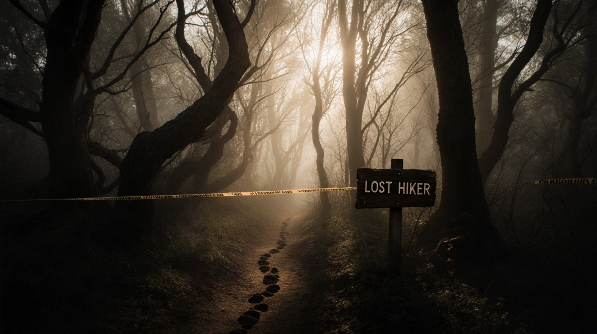 Misty forest with twisted trees and golden light filtering through canopy showing weathered Lost Hiker sign