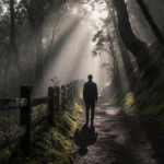 Figure standing beside fence with long shadow on mossy trail and dappled light in misty forest