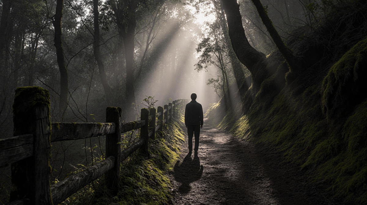 Figure standing beside fence with long shadow on mossy trail and dappled light in misty forest