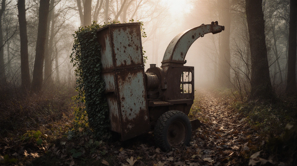 Wood chipper stands in misty forest with vines climbing its weathered metal and golden light filtering through trees