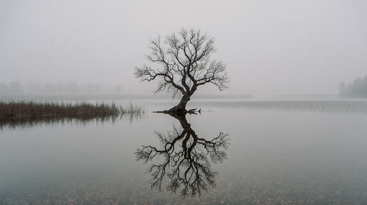 A gnarled tree reflecting in a misty lake with gently rippling water and muted colors.