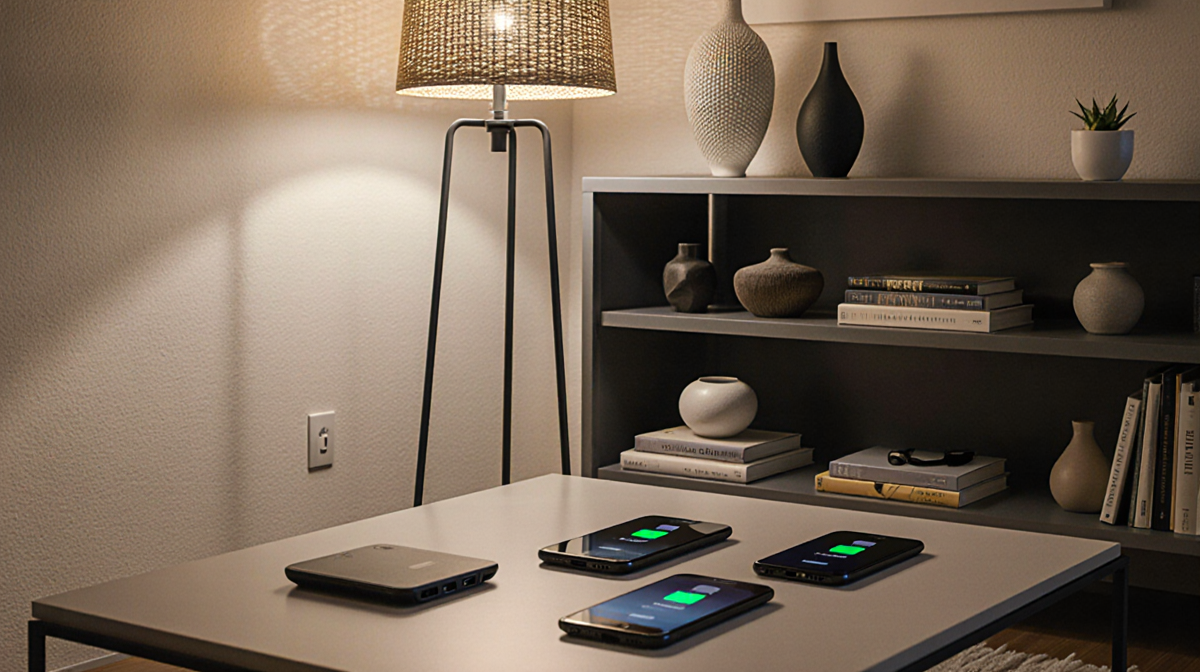 Mlambert wireless charging floor lamp illuminating coffee table with warm light and charging pads with USB ports