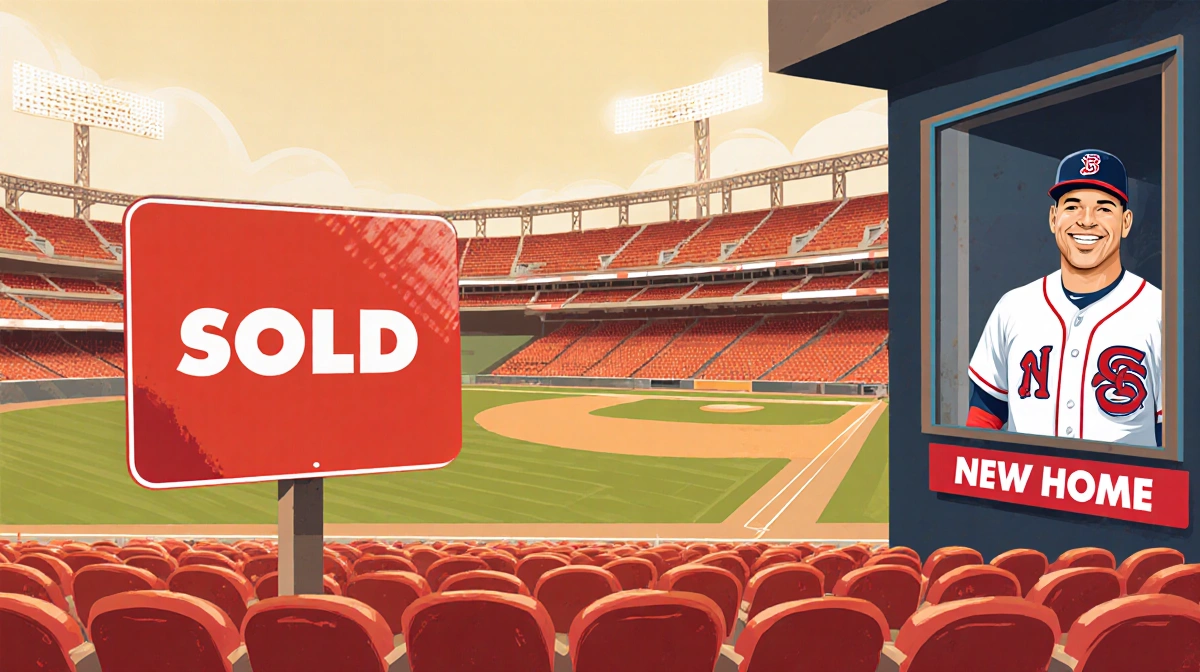 Baseball player celebrating with New Home banner and Sold sign showing empty seats