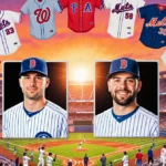 Mookie Betts and Carlos Correa pose as free agents with baseball cards and jerseys near a sunset stadium