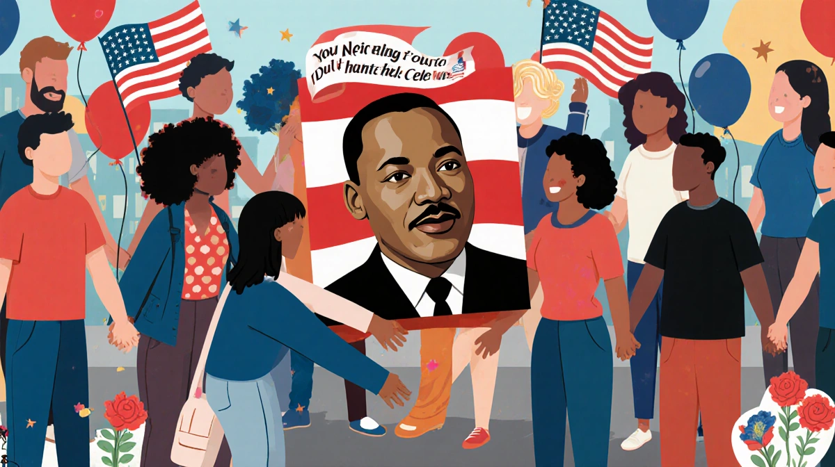 Diverse community members hold hands in unity with MLK portrait and American flags showing celebration