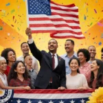 Diverse community members celebrate Martin Luther King Jr Day with parade float and American flag showing unity