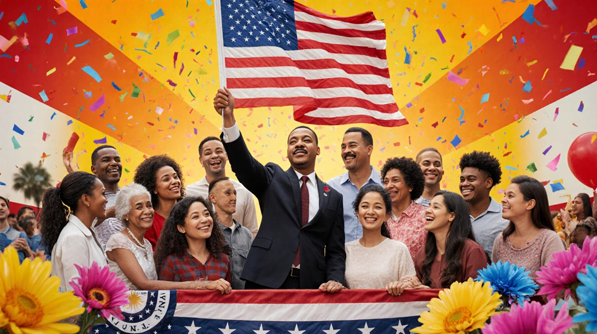 Diverse community members celebrate Martin Luther King Jr Day with parade float and American flag showing unity