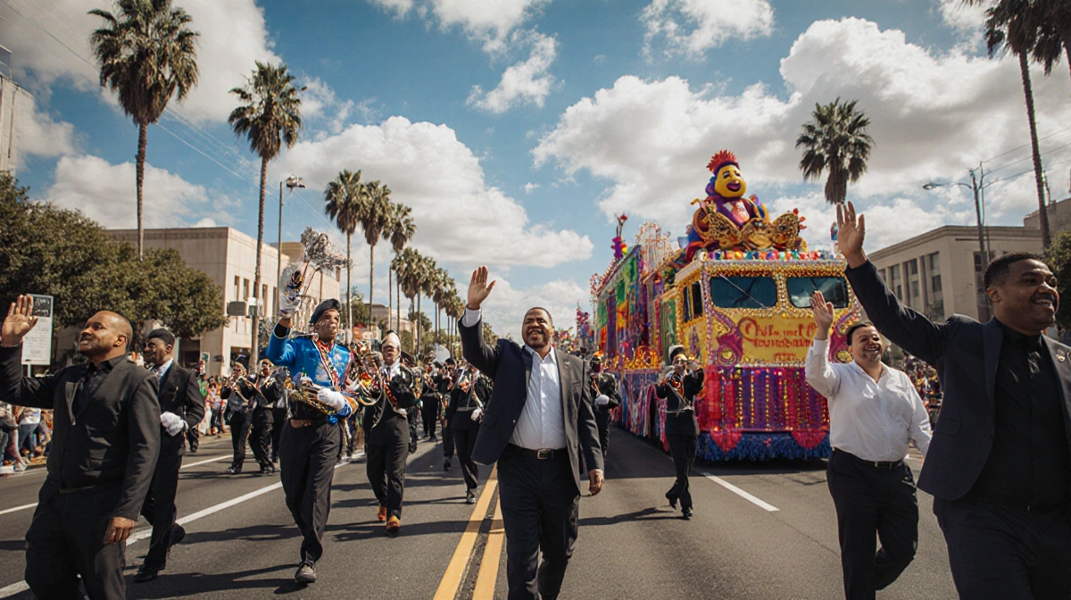 Marching bands and colorful floats celebrate MLK Day parade with City Hall rising behind joyful crowds