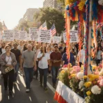 Diverse crowd marches together with MLK signs and colorful float showing unity