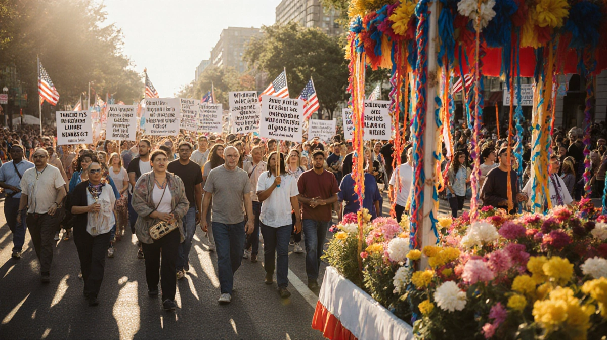 Diverse crowd marches together with MLK signs and colorful float showing unity