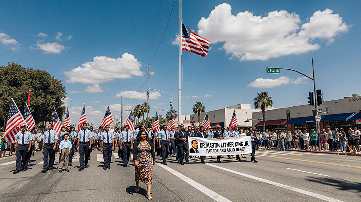 Parade participants waving American flags and banners with blue sky and a crowd lining the street