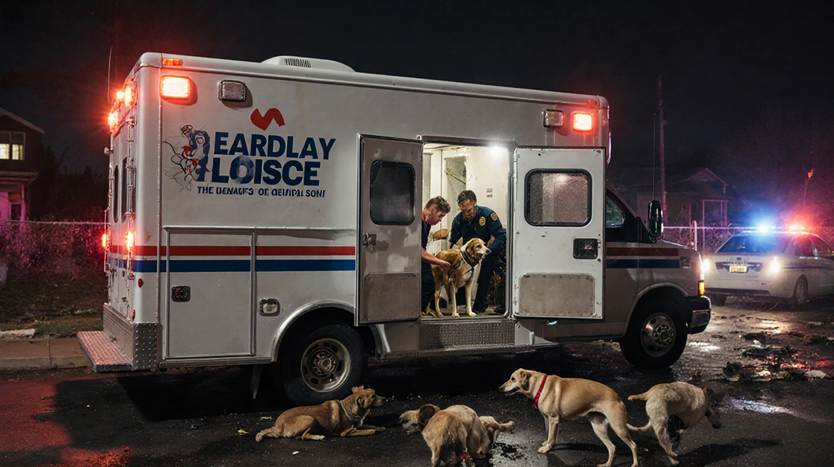 Guardians of Rescue mobile veterinary unit arriving at hoarding case with dogs receiving emergency care and police lights fla