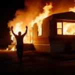 Silhouette of person stepping away from burning mobile home with dawn glow and smoke.