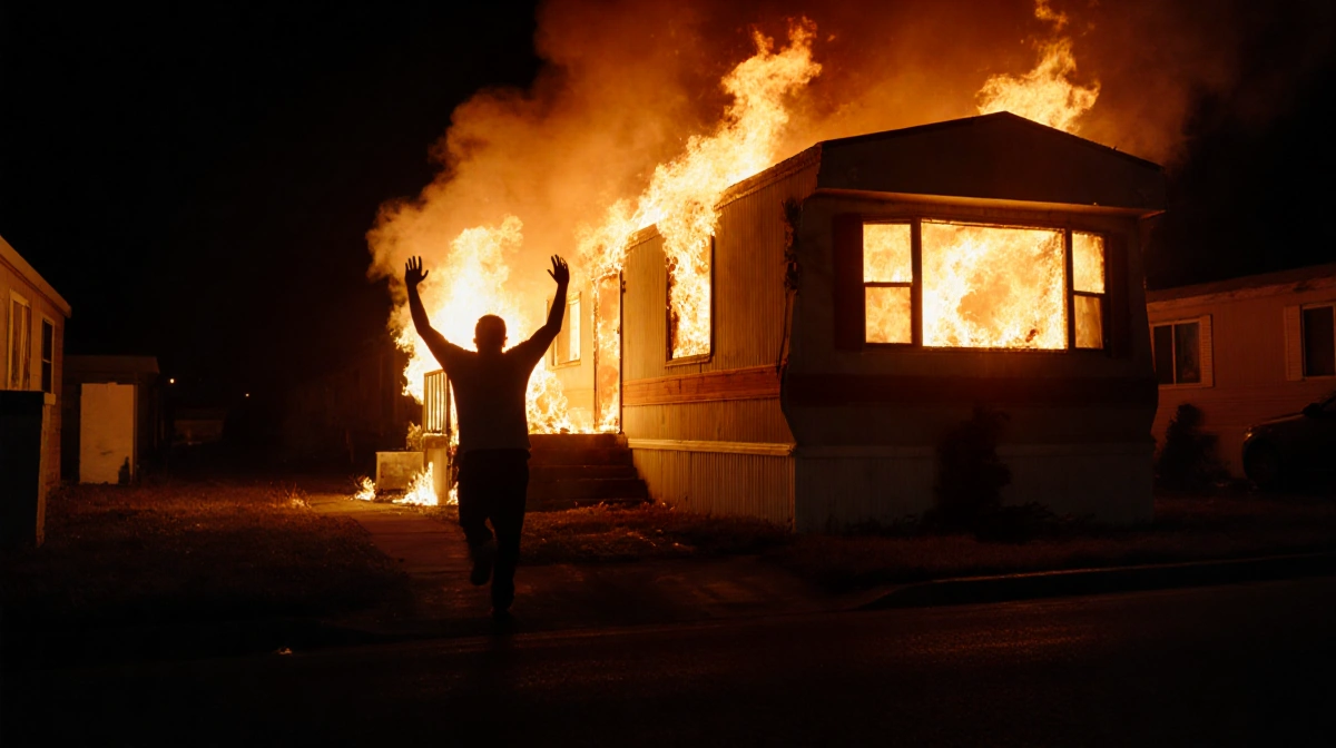 Silhouette of person stepping away from burning mobile home with dawn glow and smoke.