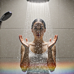 Person rinsing soap under modern shower with water droplets forming a subtle rainbow on tile floor and looking surprised
