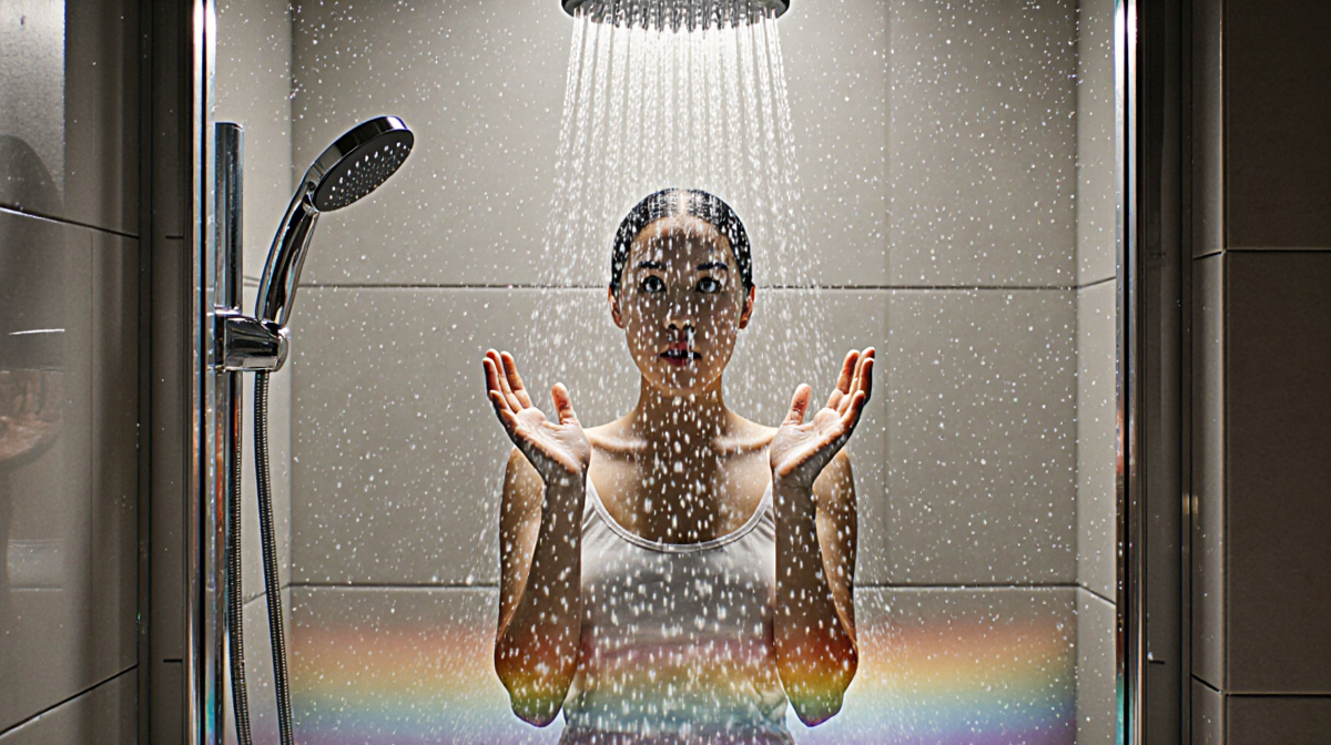Person rinsing soap under modern shower with water droplets forming a subtle rainbow on tile floor and looking surprised