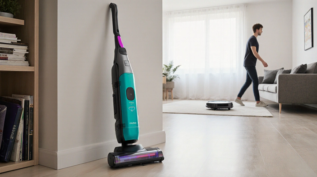 Modern cordless vacuum stands ready with robot vacuum cleaning nearby and natural light filling the tidy living room