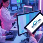 Healthcare professionals reviewing patient data on tablets with modern medical equipment and Option Care Health logo visible