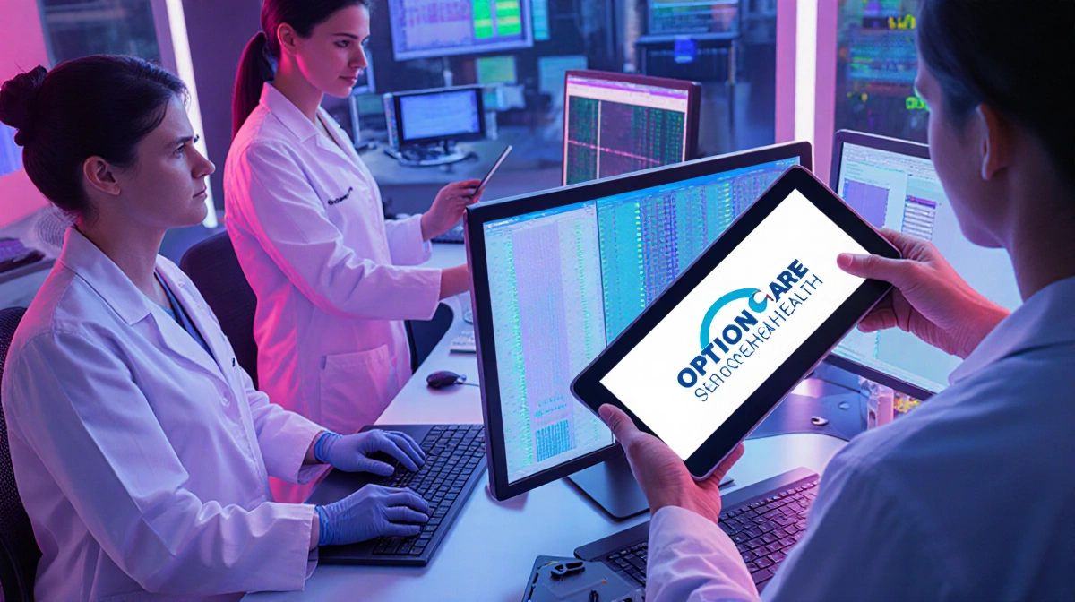 Healthcare professionals reviewing patient data on tablets with modern medical equipment and Option Care Health logo visible