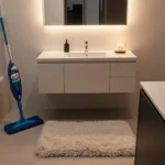 Plush bath rug sits beside minimalist vanity with glowing candle warmer and Swiffer mop stored underneath