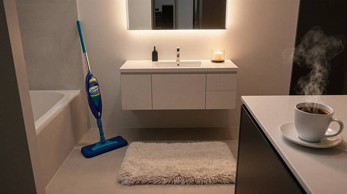 Plush bath rug sits beside minimalist vanity with glowing candle warmer and Swiffer mop stored underneath