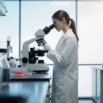 Young scientist examines microscope with glass wall and soft natural light in modern laboratory