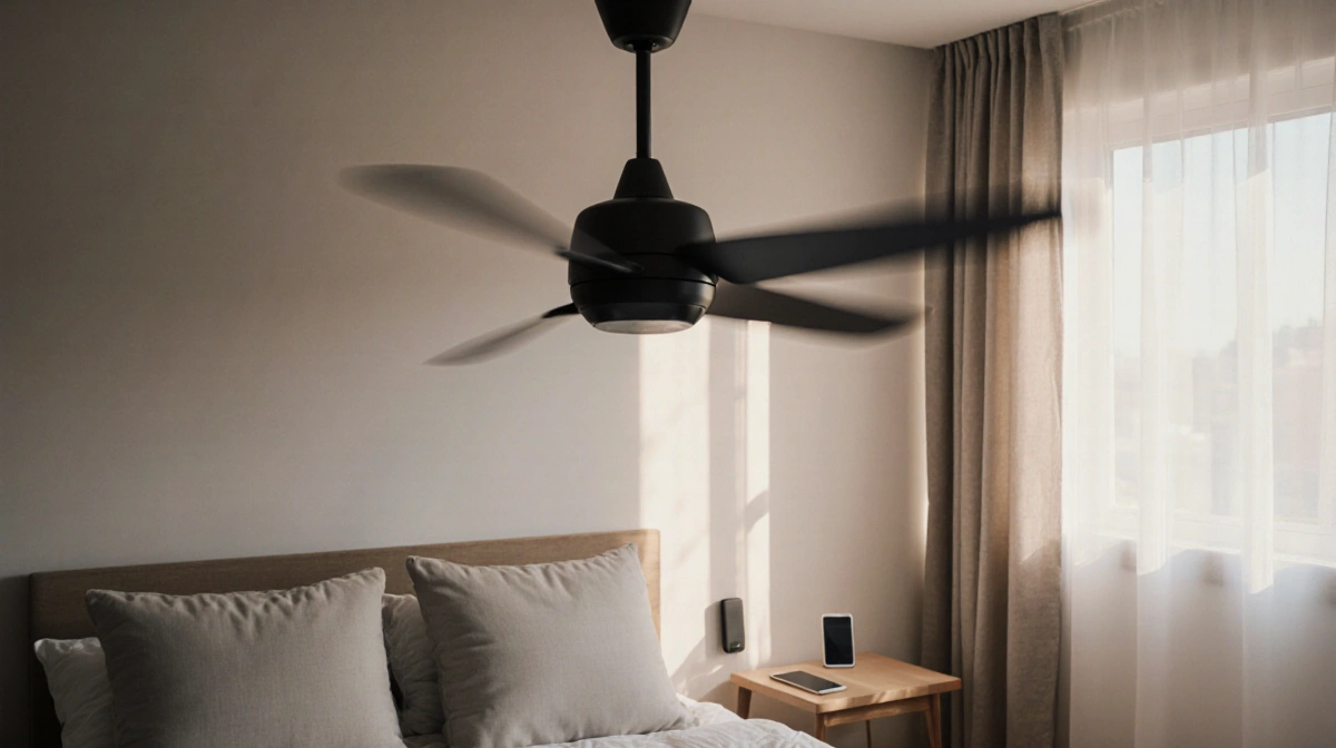 Modern ceiling fan spinning with warm sunlight streaming through window and smart thermostat visible on wall