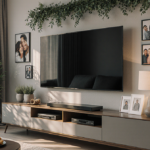 Person relaxing on sofa with large TV and snacks nearby in a cozy living room with warm lighting and green wall decor