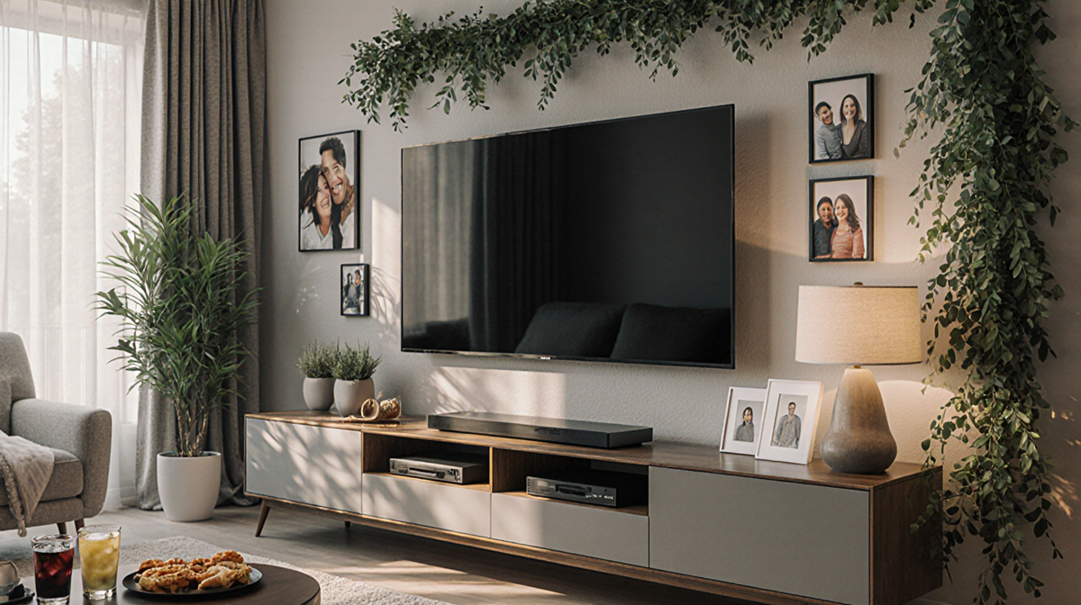 Person relaxing on sofa with large TV and snacks nearby in a cozy living room with warm lighting and green wall decor