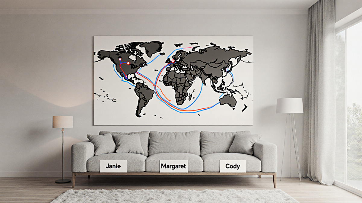 Living room hosts a large whiteboard map with routes and seats labeled Janie Margaret and Cody radiating warmth.