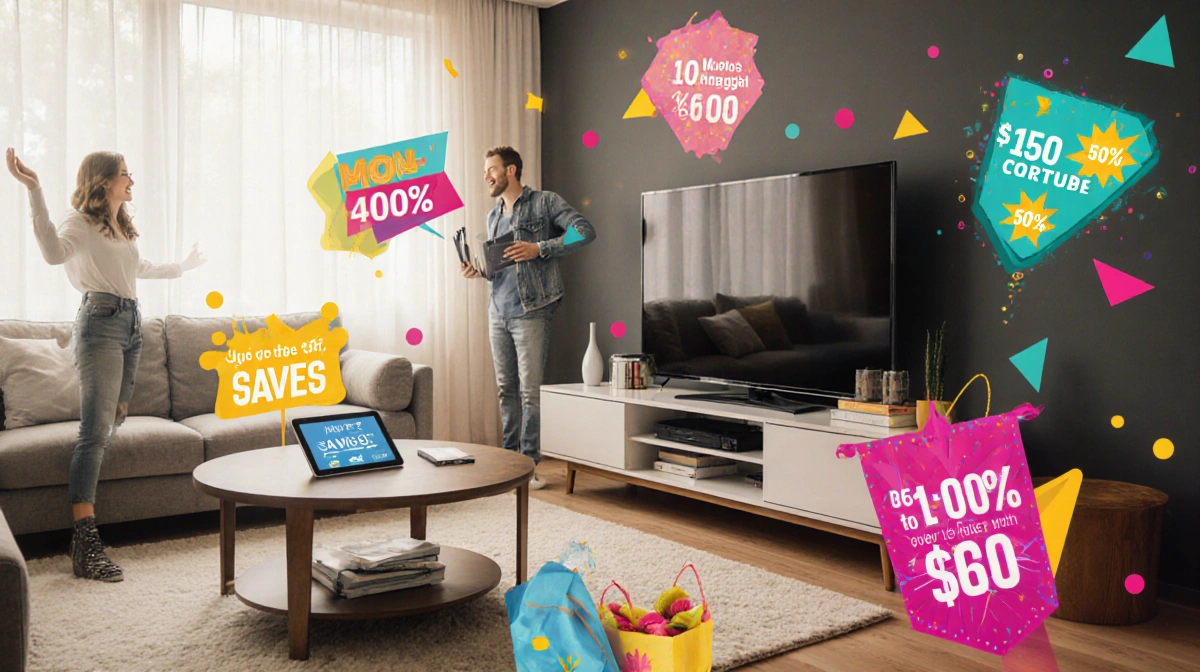 Happy shoppers browse discounted products with savings banners and TV showing deals in modern living room