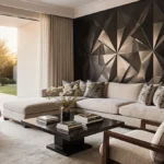 Stunning mansion living room with sleek, modern furniture pieces and bold, contrasting colors. The wall behind the plush sect