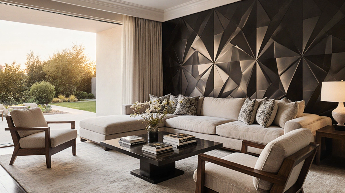 Stunning mansion living room with sleek, modern furniture pieces and bold, contrasting colors. The wall behind the plush sect