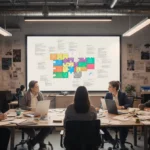 Newsroom editors collaborating around table with large puzzle diagram screen and laptops showing media workflow