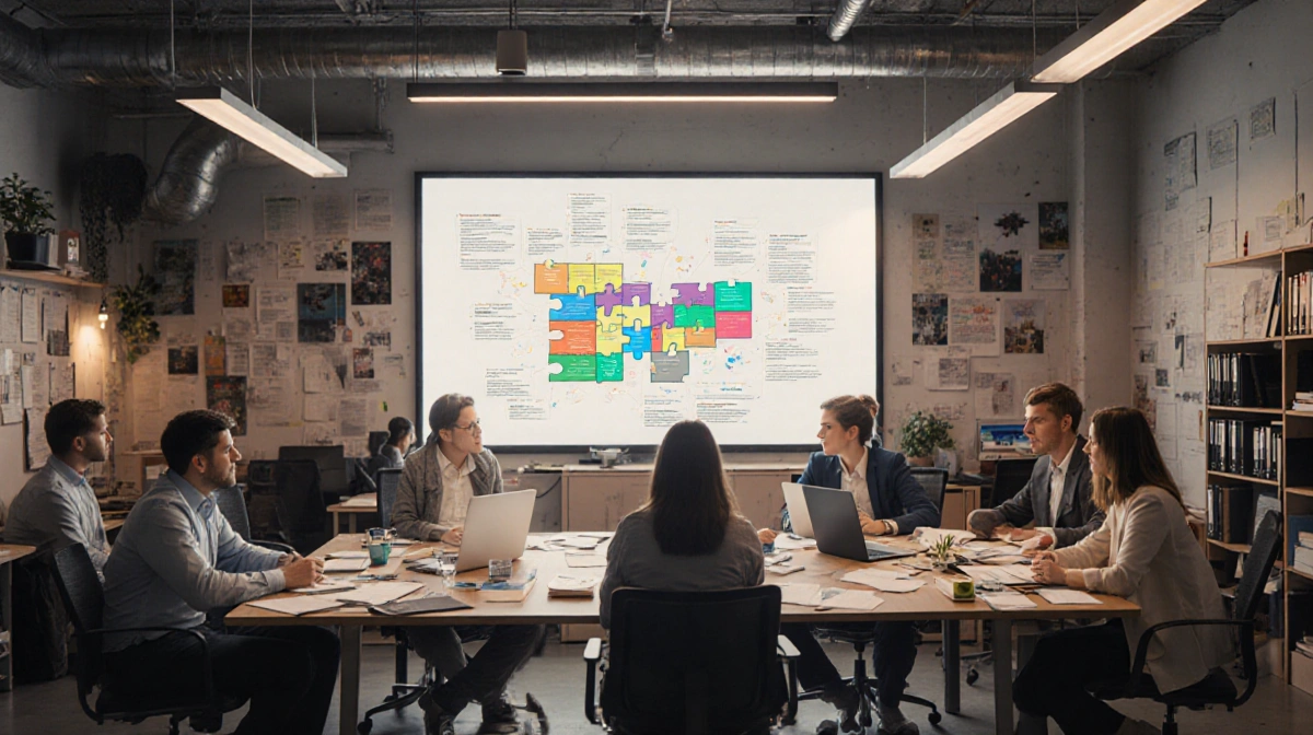 Newsroom editors collaborating around table with large puzzle diagram screen and laptops showing media workflow