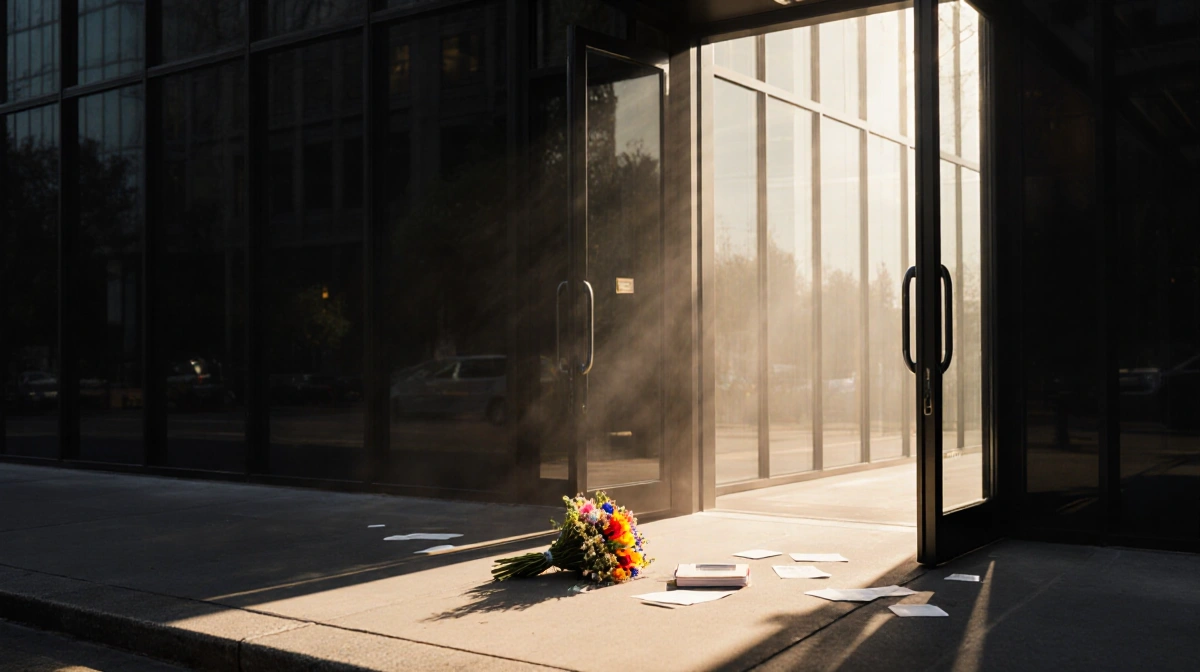 Modern office building doors glow with warm light spilling onto sidewalk with colorful flowers and scattered papers near entr