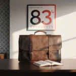 A sleek leather briefcase rests on a modern office desk with a glowing 83 rating board on the wall behind