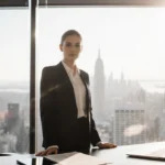 Professional standing confidently at desk with laptop and city skyline glowing through window