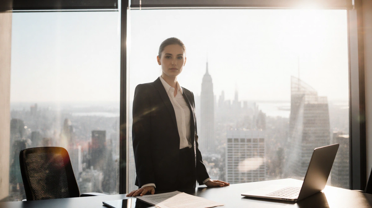 Professional standing confidently at desk with laptop and city skyline glowing through window