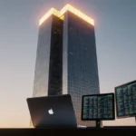 Modern skyscraper glows at dusk with laptop and tablet showing financial news on desk