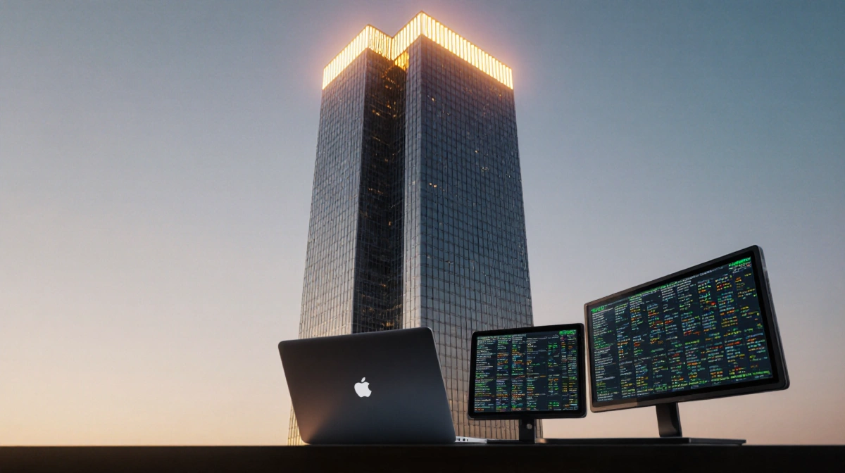Modern skyscraper glows at dusk with laptop and tablet showing financial news on desk